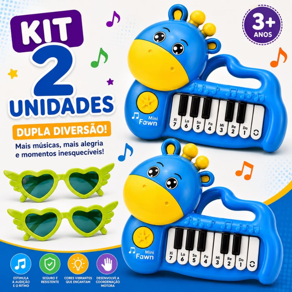 KIT 1 2 Brinquedo Mini Piano com Oculos Instrumento Infantil Musical Brinquedo Educativo Divertido Toca Musica Som Bebe