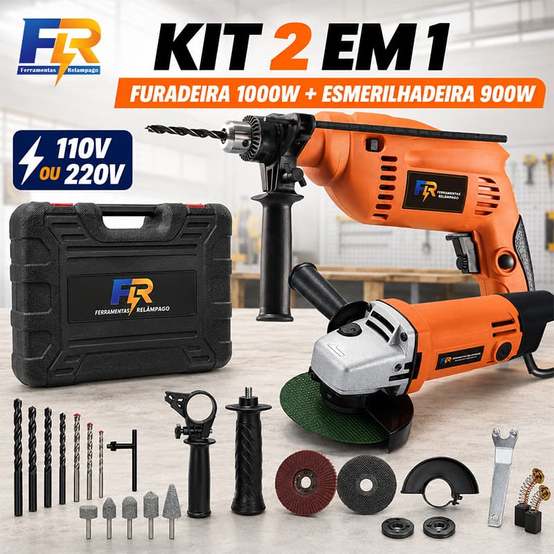 Kit 2 em 1 Furadeira de Impacto 1000W + Esmerilhadeira 900W 115mm M14 com Maleta e Acessórios