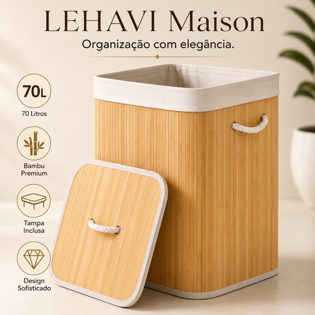LEHAVI Maison Cesto Organizador de Bambu 70L com Tampa e Alças para Roupas Lavanderia Banheiro Closet