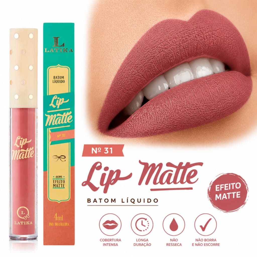 Batom Líquido Latika Lip Matte Nude Rosê nº31 - Não Tranfere - Alta Cobertura 4ml