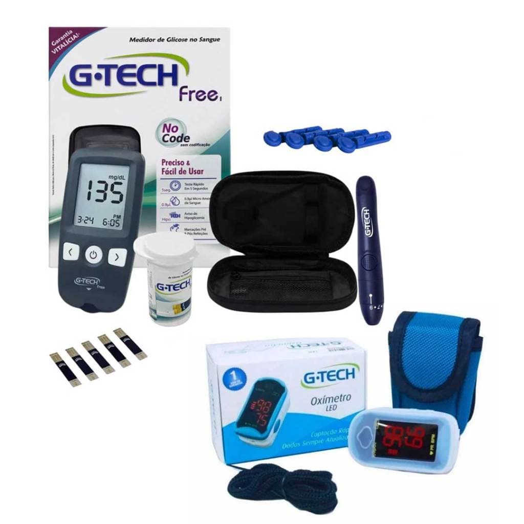 Kit G-Tech Glicosímetro Medidor de Glicose + Oxímetro de Dedo LED Completo Aparelho de Glicemia Diabetes