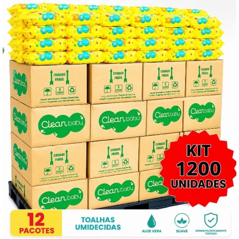 Kit 12 Pacotes Lenços Umedecidos Clean Baby 100 Folhas Cada, 1200 Un | Toalhas Umedecidas para Bebê-Super econômico