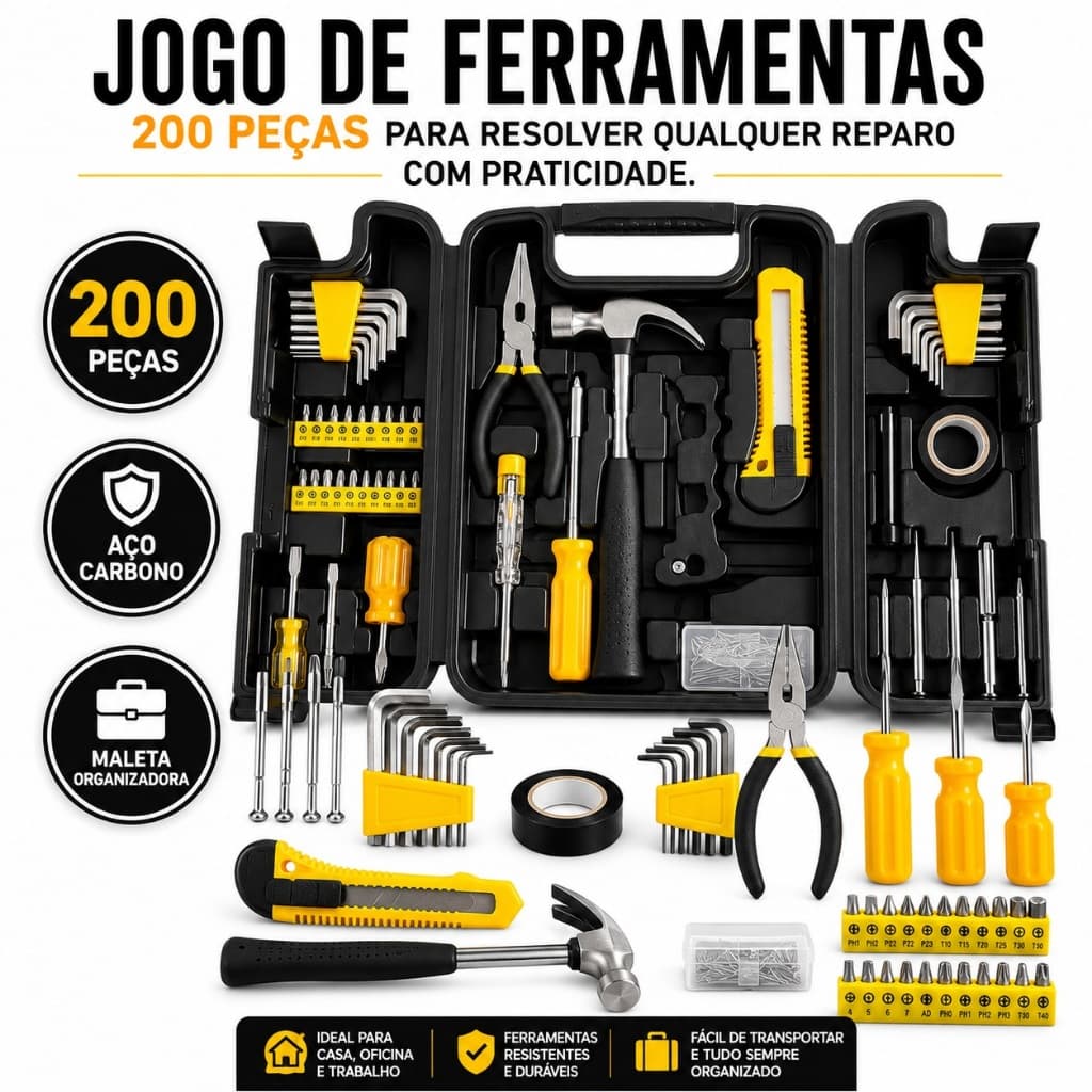 Jogo de Ferramentas 200 Peças com Maleta Kit Completo Profissional Aço Carbono Reparo Casa