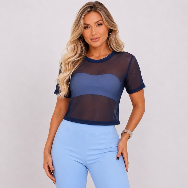 Cropped Feminino de Tule Transparente de Manga Telinha Roupa de academia Moda fitness