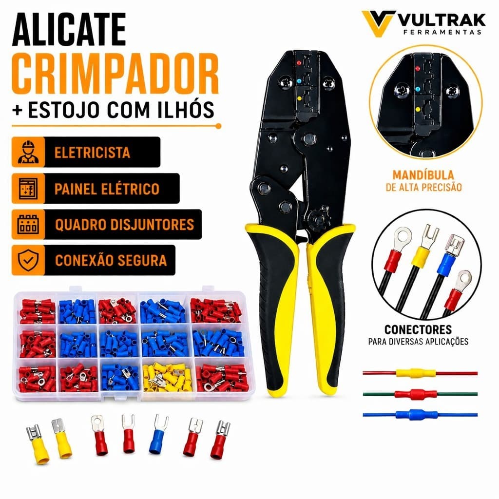 Alicate Crimpar Terminal Kit Completo Olhal Garfo Pino Faston Eletricista Profissional Com Conectores Pré Isolado Seguro