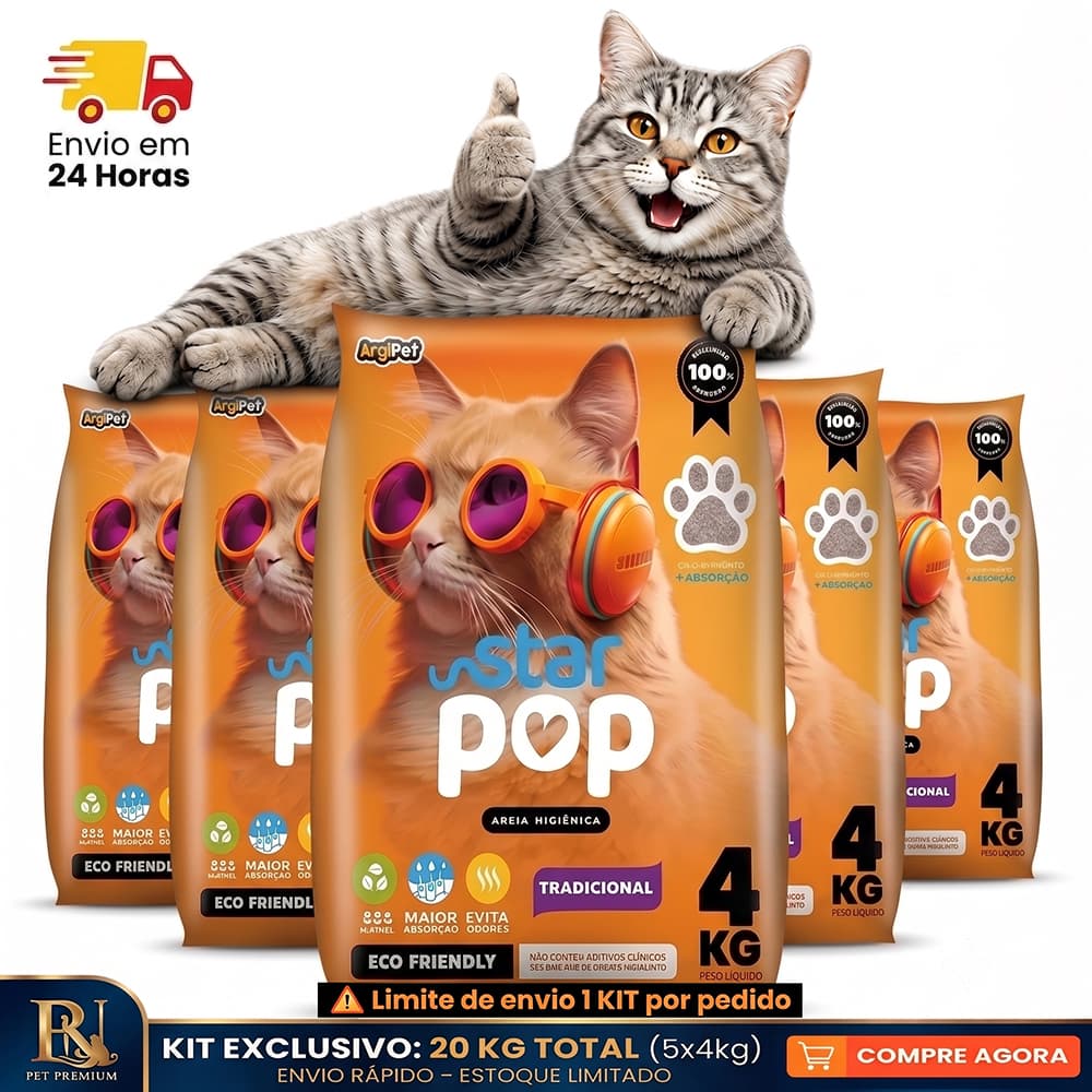 Kit 5 Areia de Gato Sanitária Higiênica Premium Star Pop 20kg Alta Absorção Controle de Odor
