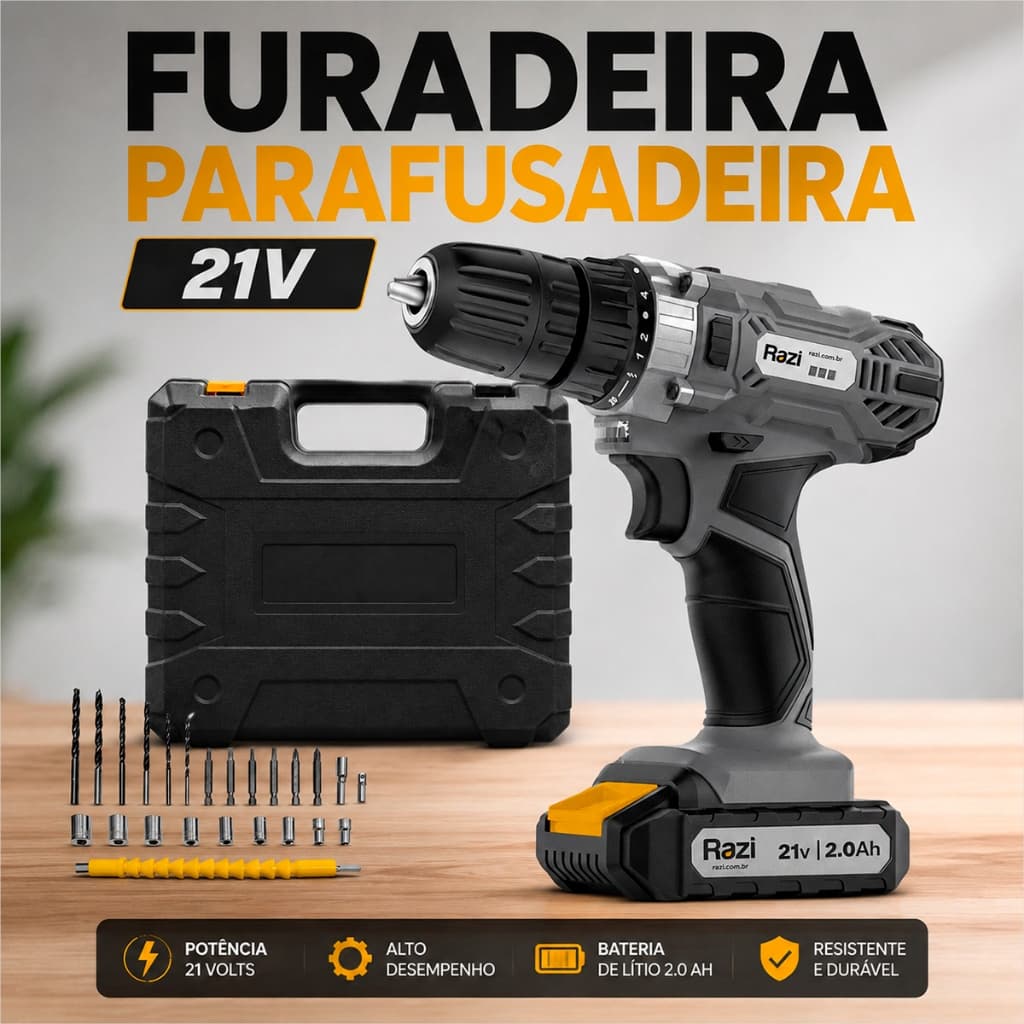 Parafusadeira e Furadeira Portátil Razi 60Hzv Furadeira Com Brocas 21v Parafusadeira Profissional