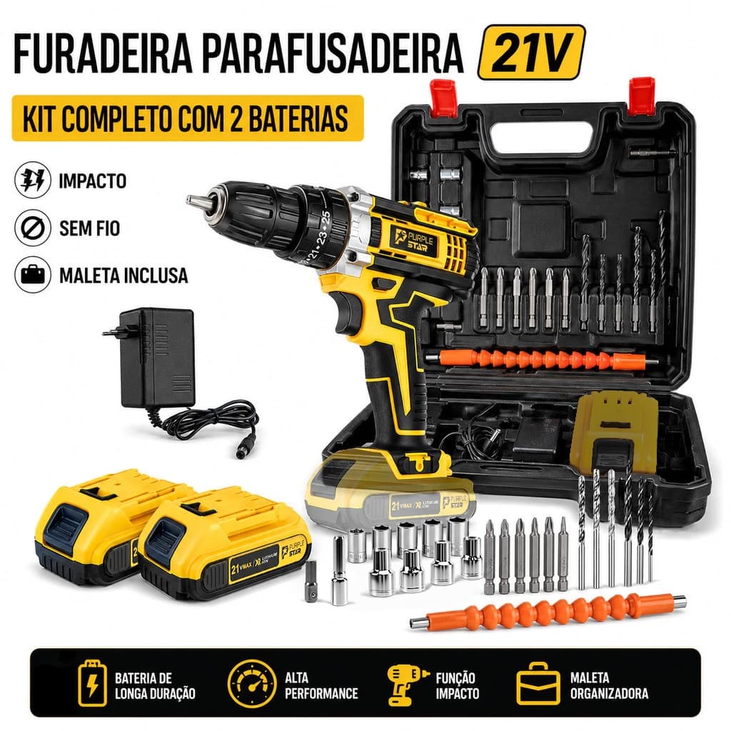 Parafusadeira Furadeira Elétrica 21V com 2 Baterias, Maleta e Kit Completo de Acessórios