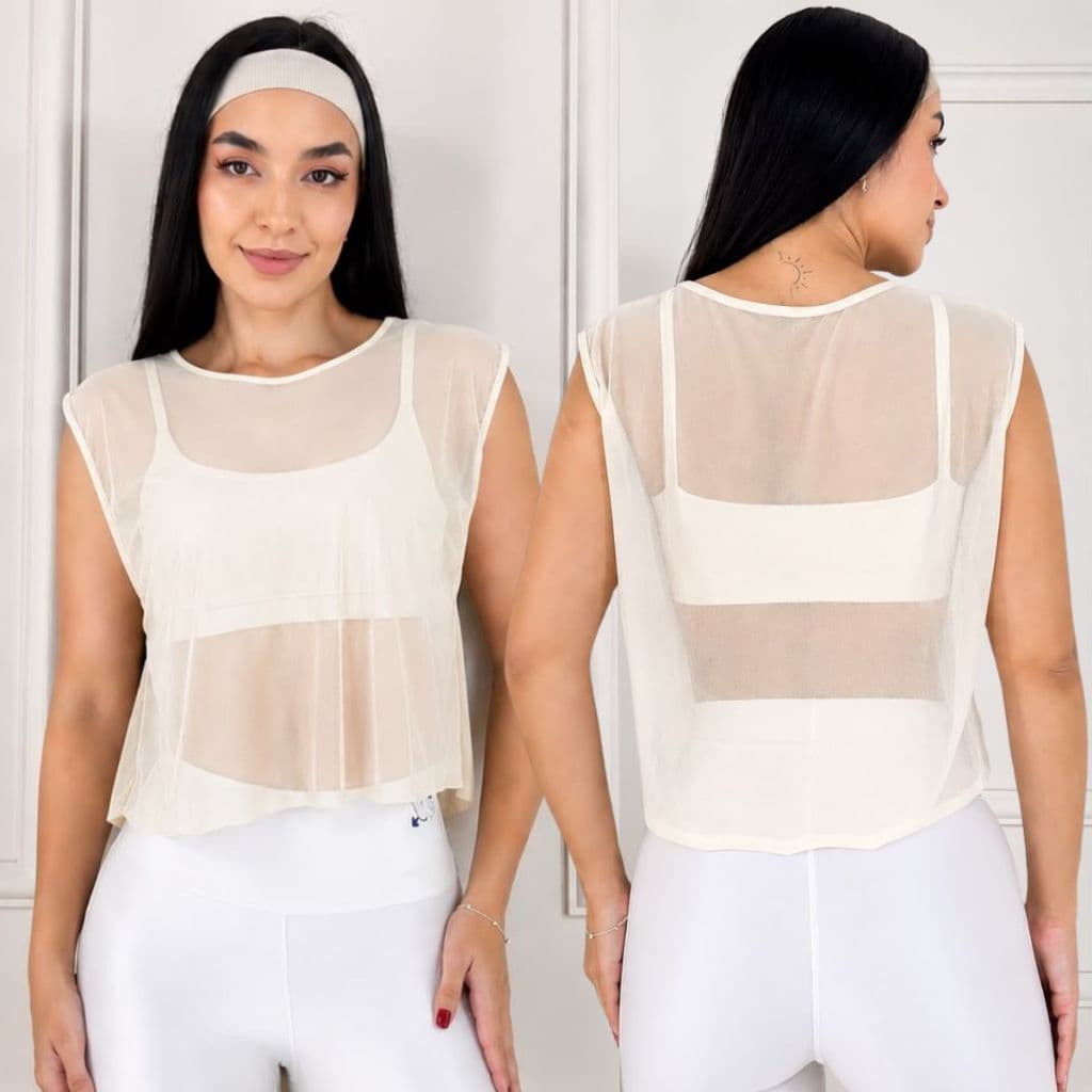 Cropped Blusa Feminina de Tule Transparente top com Manga Roupa de academia Moda fitness