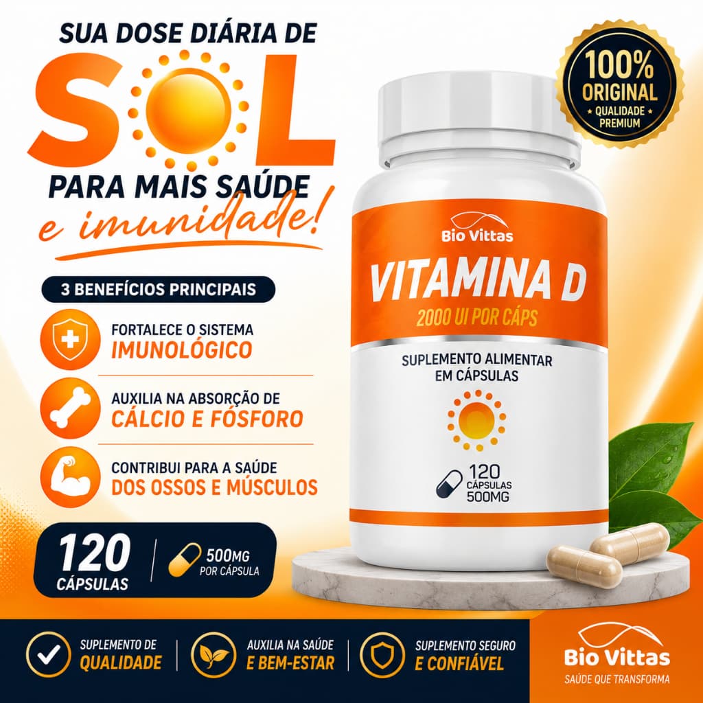 Vitamina D3 com 2000ui vitamina do sol 120 cápsulas de 500mg - Bio Vittas