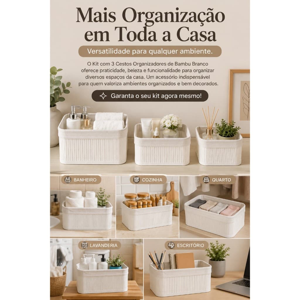 Kit 3 Cestos Organizadores de Bambu Branco com Forro Removível para Banheiro, Cozinha e Quarto