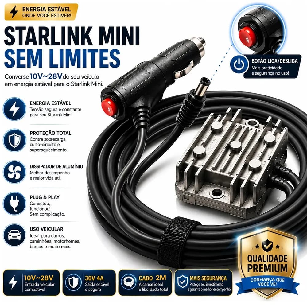 Carregador Starlink Mini Para Carro Adaptador DC 30V 3.5A Cabo 2/3M Conversor Veicular Plug Play 10-28V
