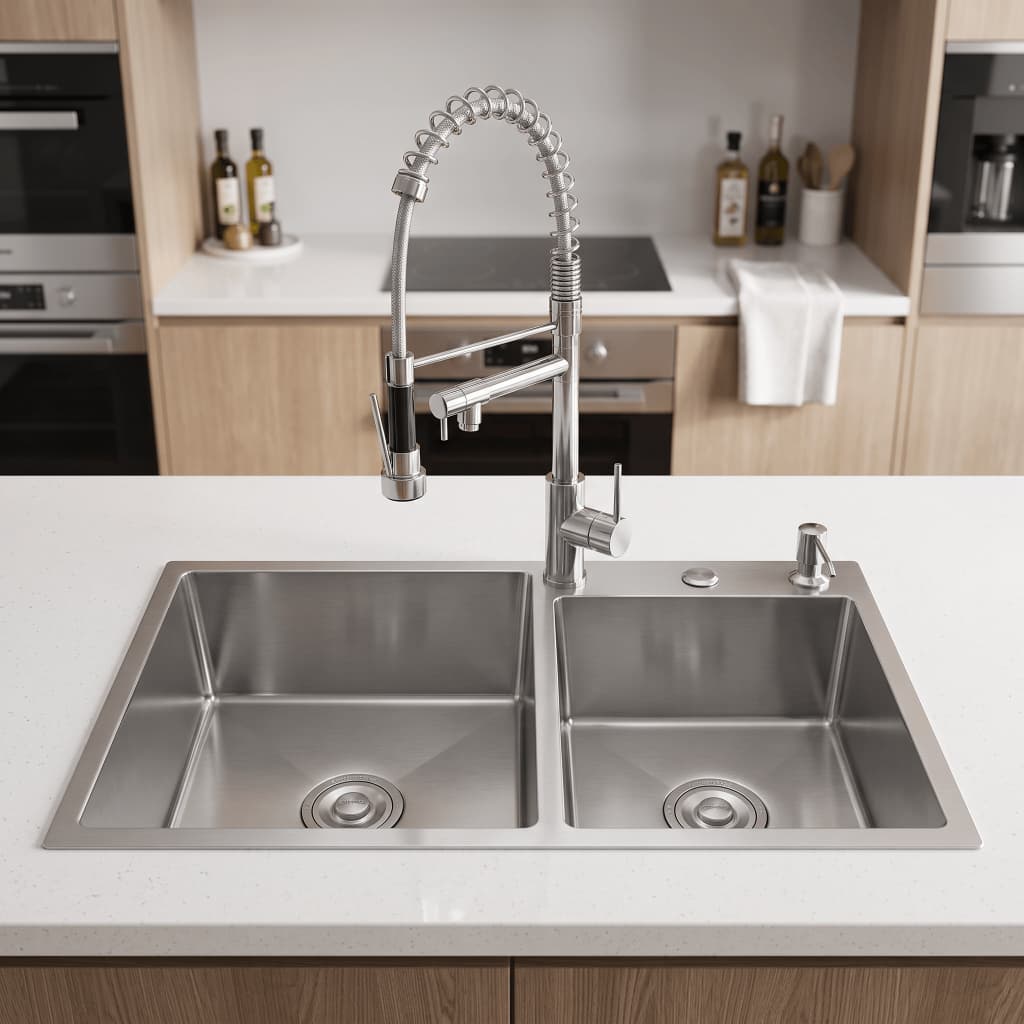 Kit Cuba Cozinha Gourmet Dupla Quadrada Aço Inox 304 C/ Torneira Parede Cromada Pia Completo Acessórios Sifão Cesto