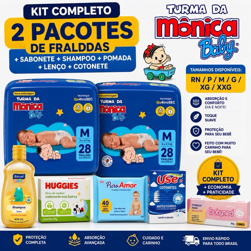 Kit 2 Pacote Fralda Infantil + Shampoo Baby + Pomada + Sabonete + Cotonete + 2 Pacotes Lenço Umedecido