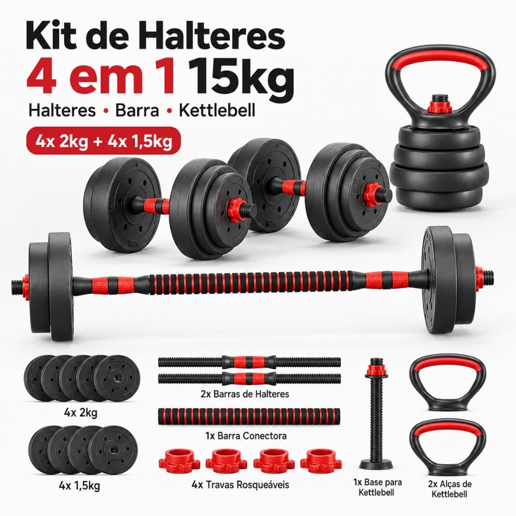 Kit Treino Musculação 4 em 1 Halteres Barra e Kettlebell Pesos para exercícios em casa
