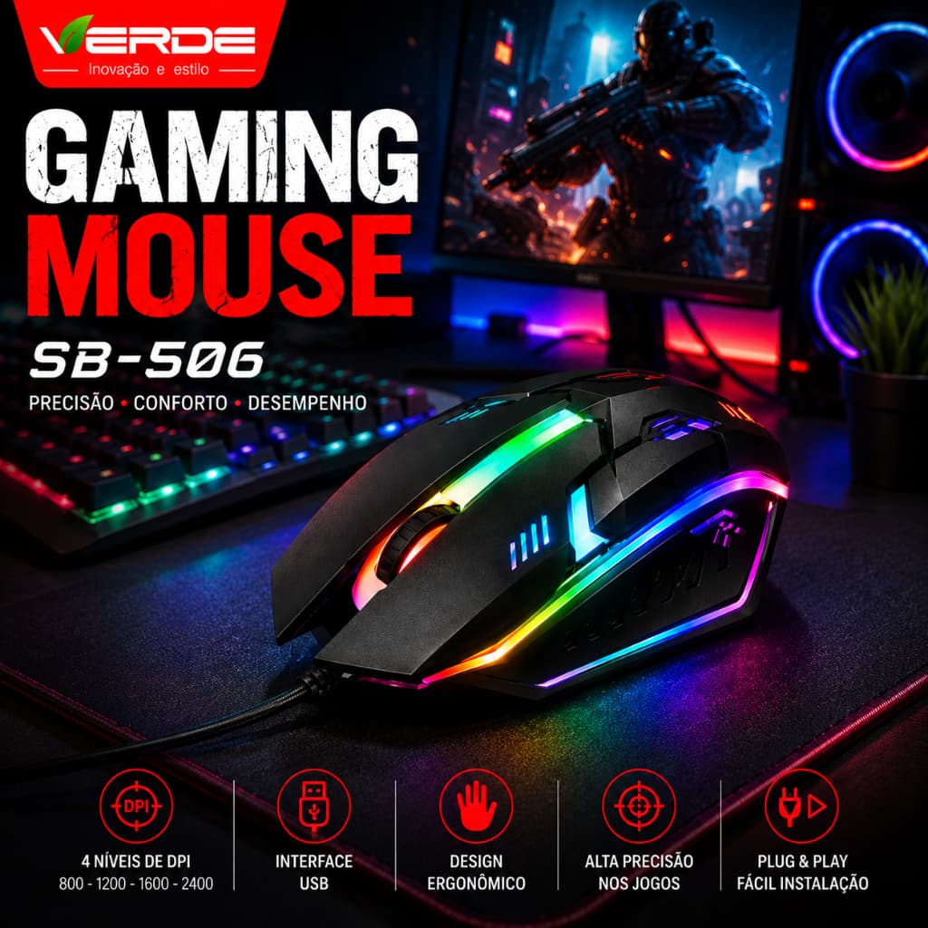 Mouse Gamer RGB USB DPI LED Ergonômico para PC e Notebook