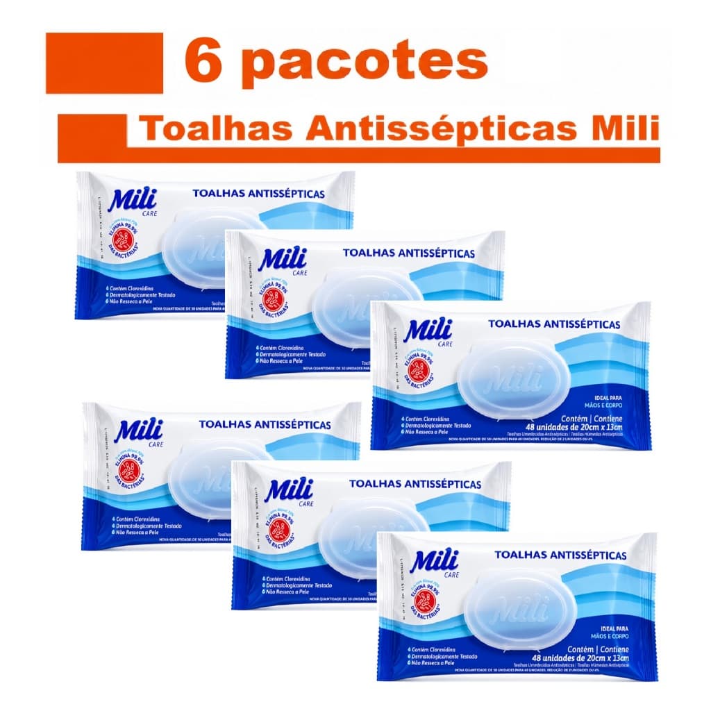 Kit Lenços Umedecidos Toalhas Antissépticas Umedecidas  Mili 6 pacotes total de 288 Unidades