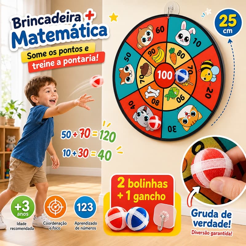 Brinquedo Educativo Infantil Tiro ao Alvo Velcro Matemática 25cm com 2 Bolinhas