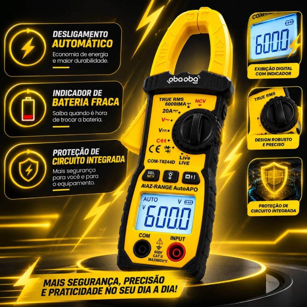 Alicate Amperímetro Multímetro Digital True RMS NCV Profissional Segurança CAT III 600V Oba Oba Mix