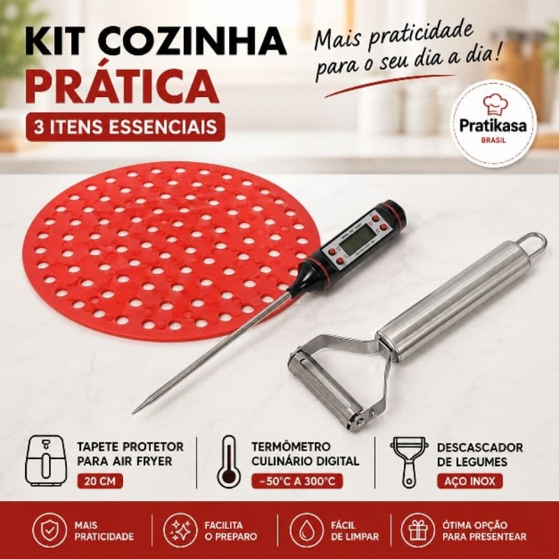 Kit Cozinha 3 Itens Tapete Air Fryer 20cm Termômetro Digital Descascador Legumes