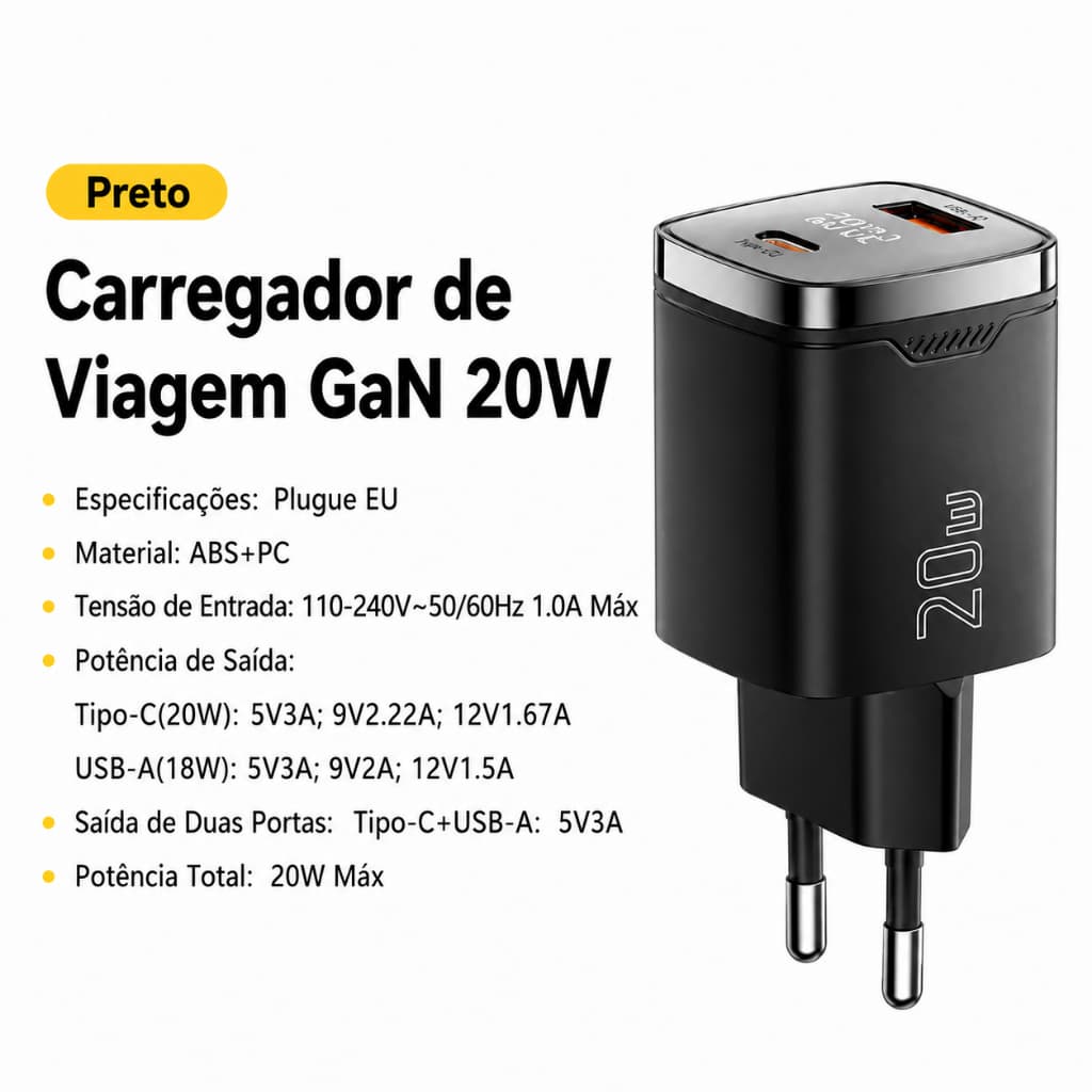 Carregador de Celular Tomada Parede Carga Rápida qc4.0 qc3.0 20w Gan Usb A + Tipo C - Essager
