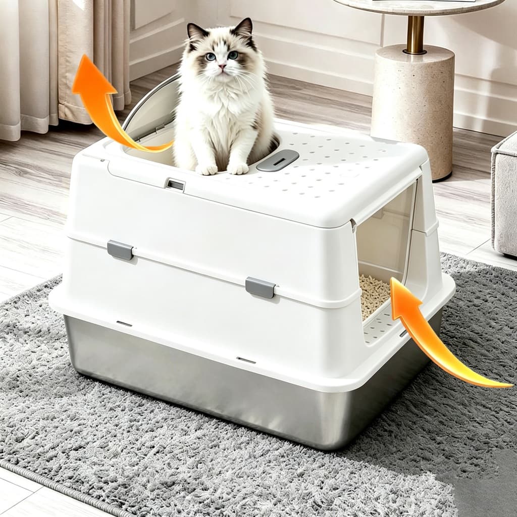 Caixa Sanitária Felino XL Aço Inox, Modelo Entrada Baixo Saída Cima, Reduz Areia Espalhada, Resistente para Vários Gatos