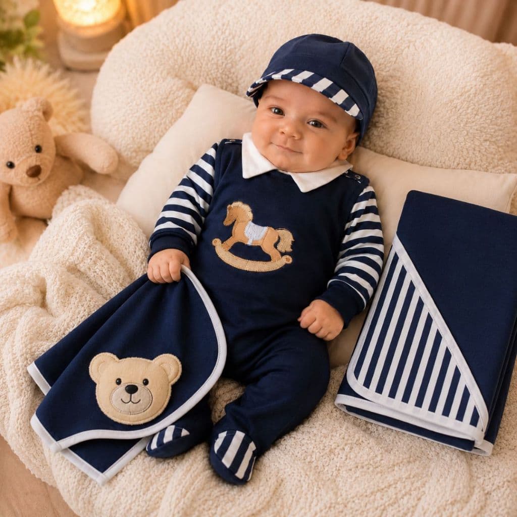 Saída de Maternidade para Bebê Menino Enxoval Roupas Primeira Troca Hospital Poney Marinho Kit 5 Pçs