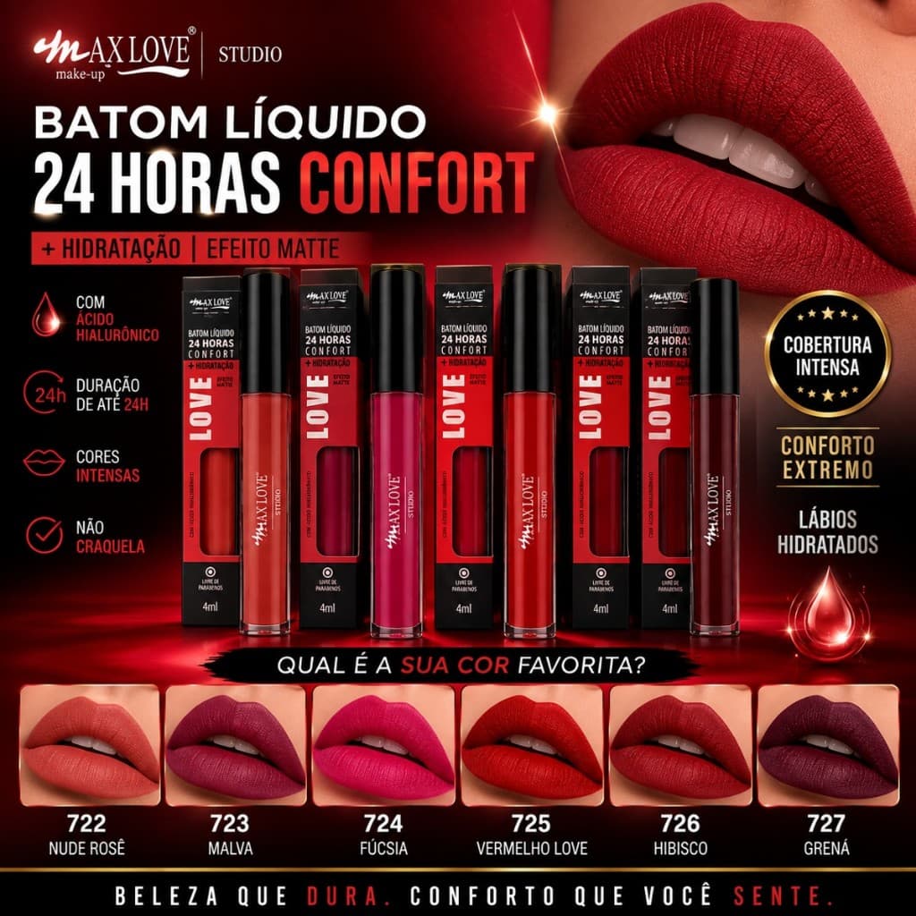 Batom Líquido Matte Max Love 317 Longa Duração Alta Pigmentação Secagem Rápida 4ml