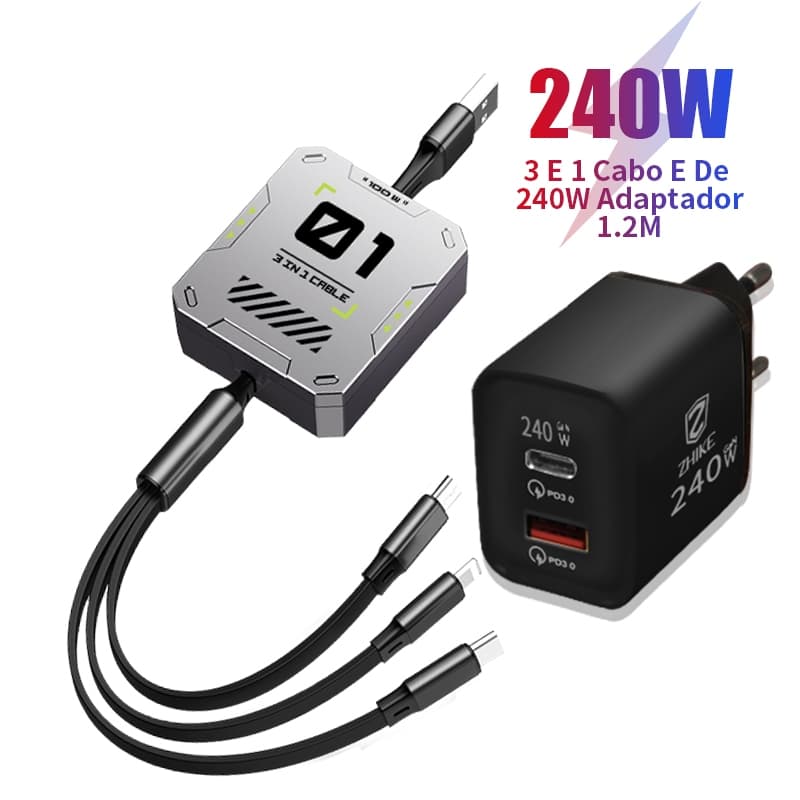Carregador Cabo Carregamento Rápido 3 em 1 USB Para Tipo C V8 iP 1.2 M Retrátil Cabo Com Adaptador GaN