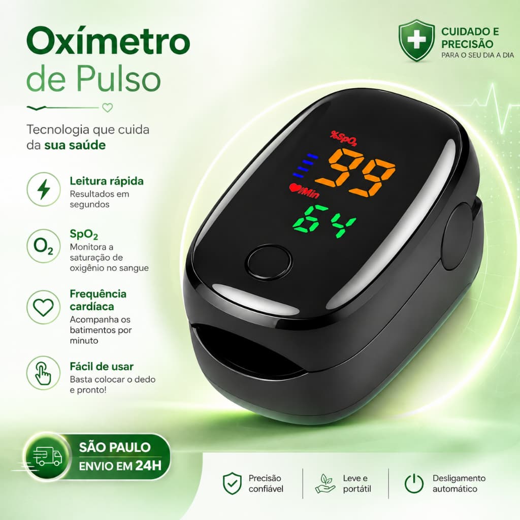 Oxímetro Portátil de Dedo com Display Digital SpO2 Saturação de Oxigênio e Pulsação Cardíaca