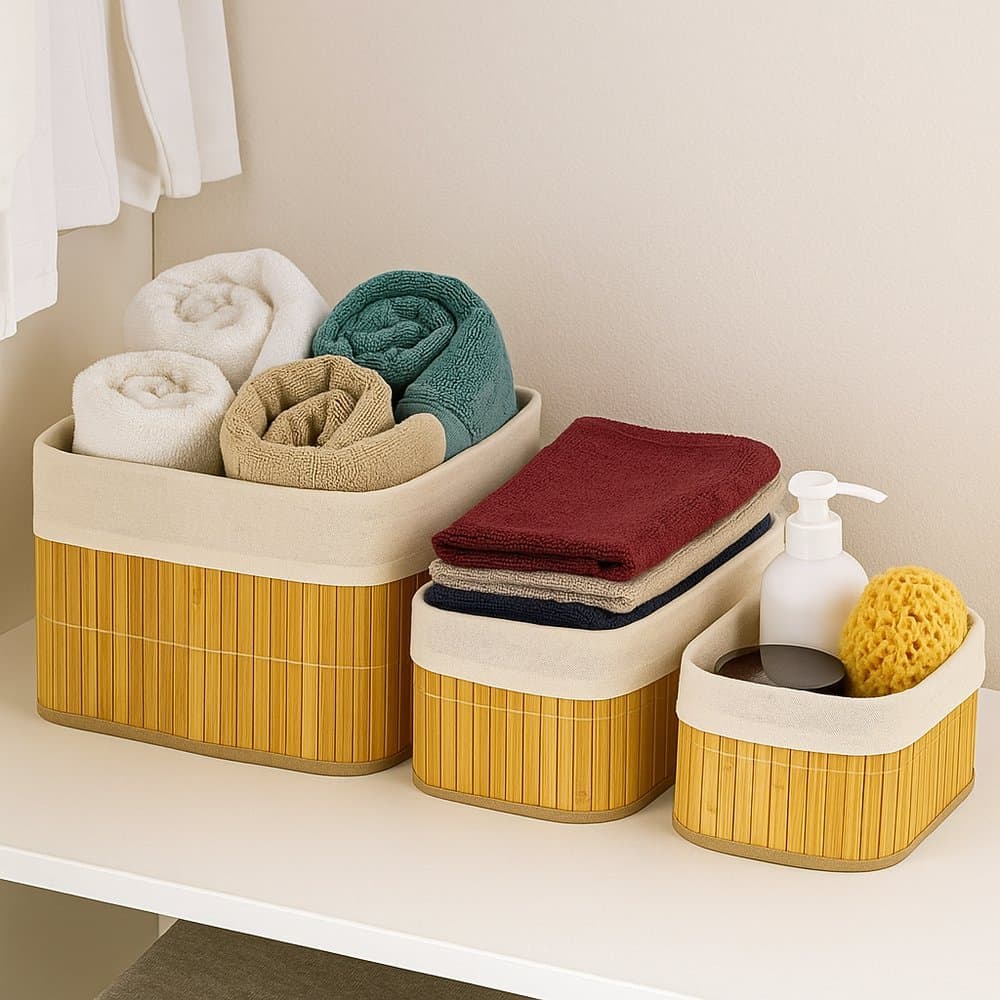 Kit 4 Cestos Organizadores Bambu Ecológico Multiuso Decorativo para Banheiro Cozinha Quarto Sala Escritório