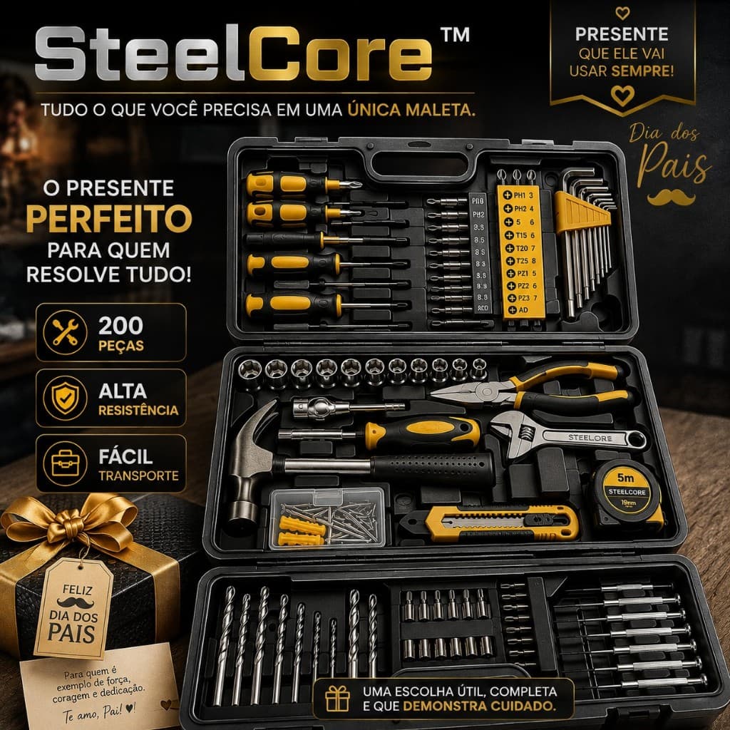 Kit Ferramentas SteelCore™ 200 Peças Completo com Maleta Profissional para Manutenção, Reparos e Montagem