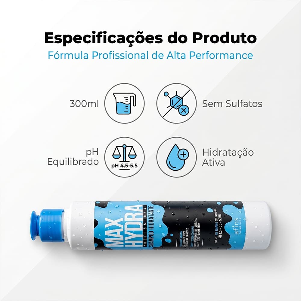 Shampoo Hidratante 300ml afins Ácido Hialurônico Cabelos Secos e Danificados Anti-Frizz