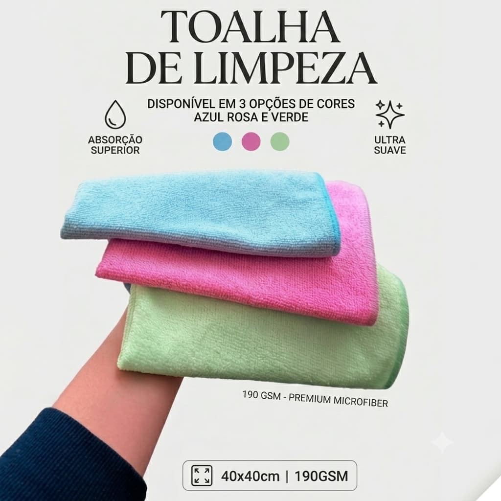 Kit 3 Panos Microfibra de Limpeza Eficiente 40x40 cm 190 GSM Carro Casa Cozinha