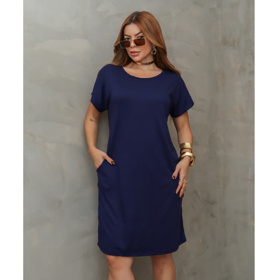 Vestido Curto Feminino Liso Malha Fria Bolso Elegante Casaul Moda Verão 3RD SD1288