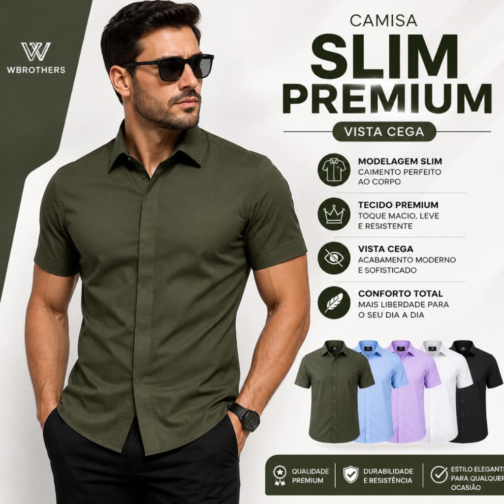 Camisa Social Masculina Slim Manga Curta Vista Cega Tecido Premium Elegante Confortável Trabalho Casual Festa