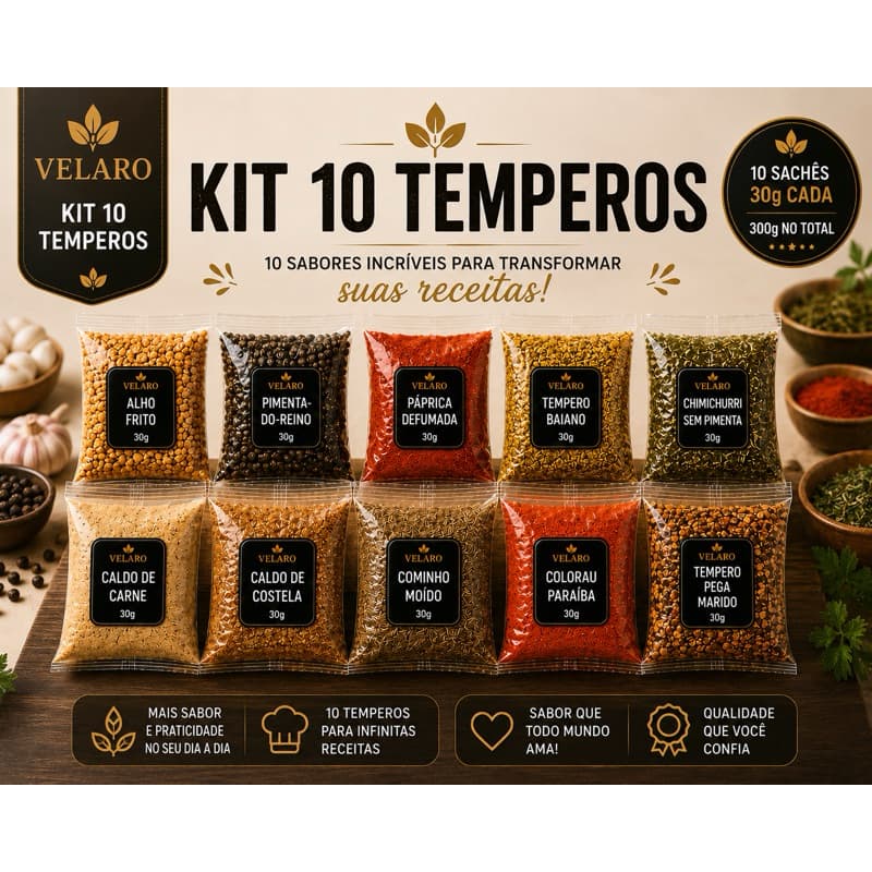Temperos para Carnes e Churrasco | Kit com 10 Temperos Velaro 30g Cada 300g | Páprica, Chimichurri e Alho Frito
