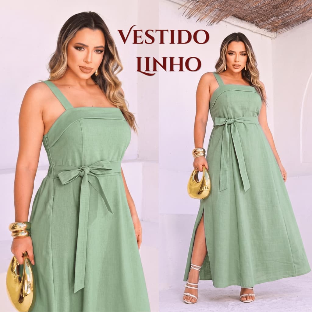 Vestido Feminino Longo Linho Elegante Luxo Verão Casual Alça Grossa Fenda Lateral Confortável