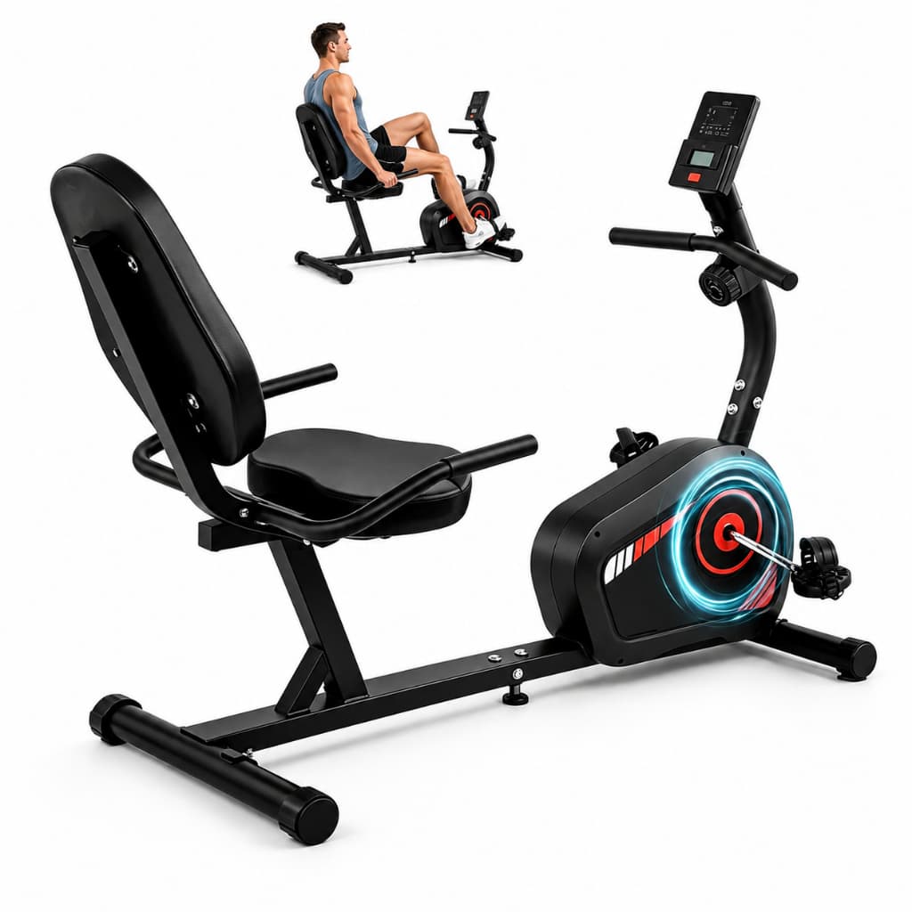 Bicicleta Ergométrica Horizontal Magnética, Monitor Digital, 8 Níveis de Ajuste, Sensor de Pulsação e Pedal com Cinta