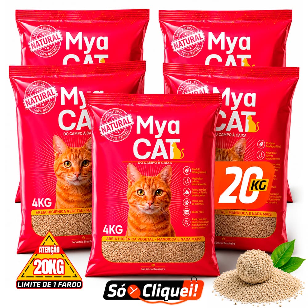 Kit 5 Pacotes Areia Sanitária de Mandioca Mya Cat 20KG Granulado Higiênico de Gato Biodegradável Torrões Firmes
