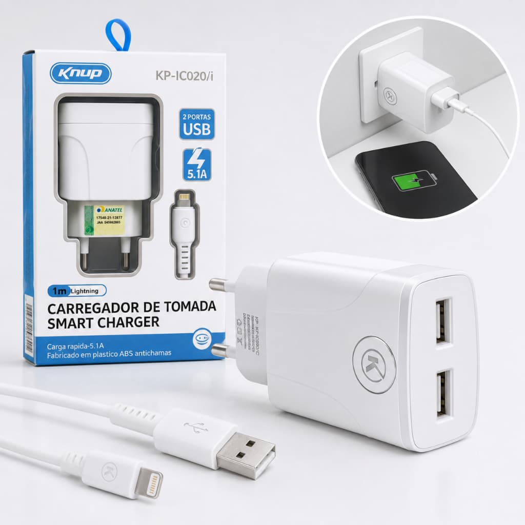 Carregador Rápido Celular 5.1A 2 USB com Cabo 1M Lightning ou Tipo C Envio Rápido