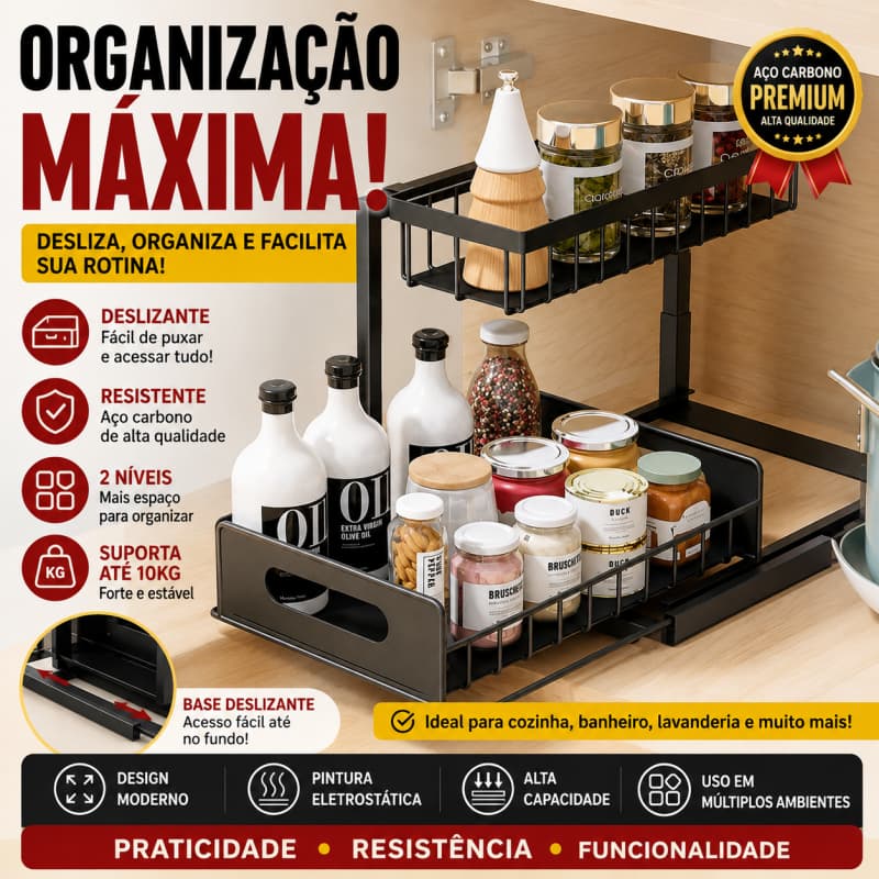 Organizador de Temperos Duplo Deslizante, Estante em Aço Carbono para Bancada da Cozinha, Suporte Armazenamento Multiuso