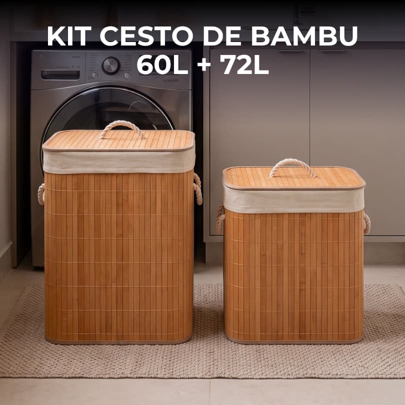 Kit 2 Cesto De Roupa Suja Bambu 60L +72L Lavanderia Com Tampa e Alças Forrado Grande Organizador Banheiro