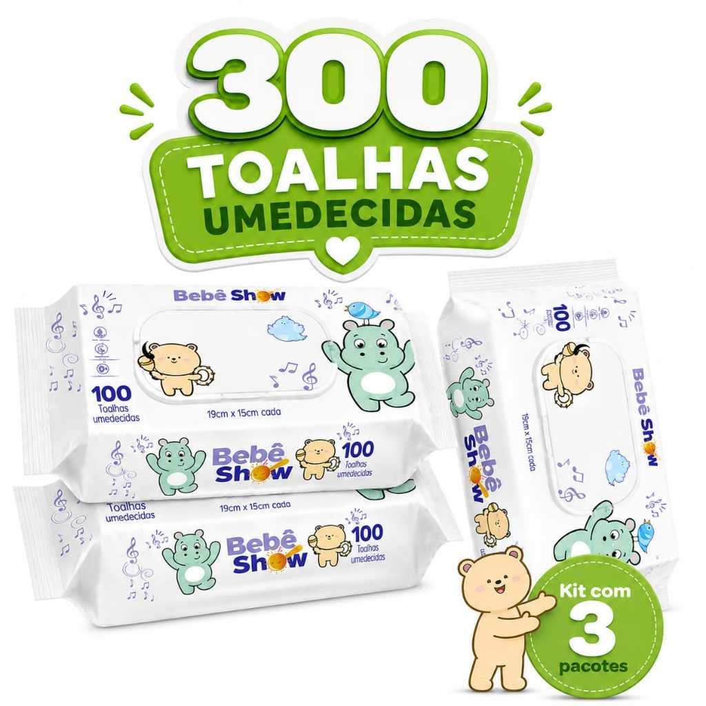 Lenço Umedecido Bebê Show 300 Unidades | Toalha Umedecida Bebê | Kit 3 Pacotes | Sem Álcool 98% Água
