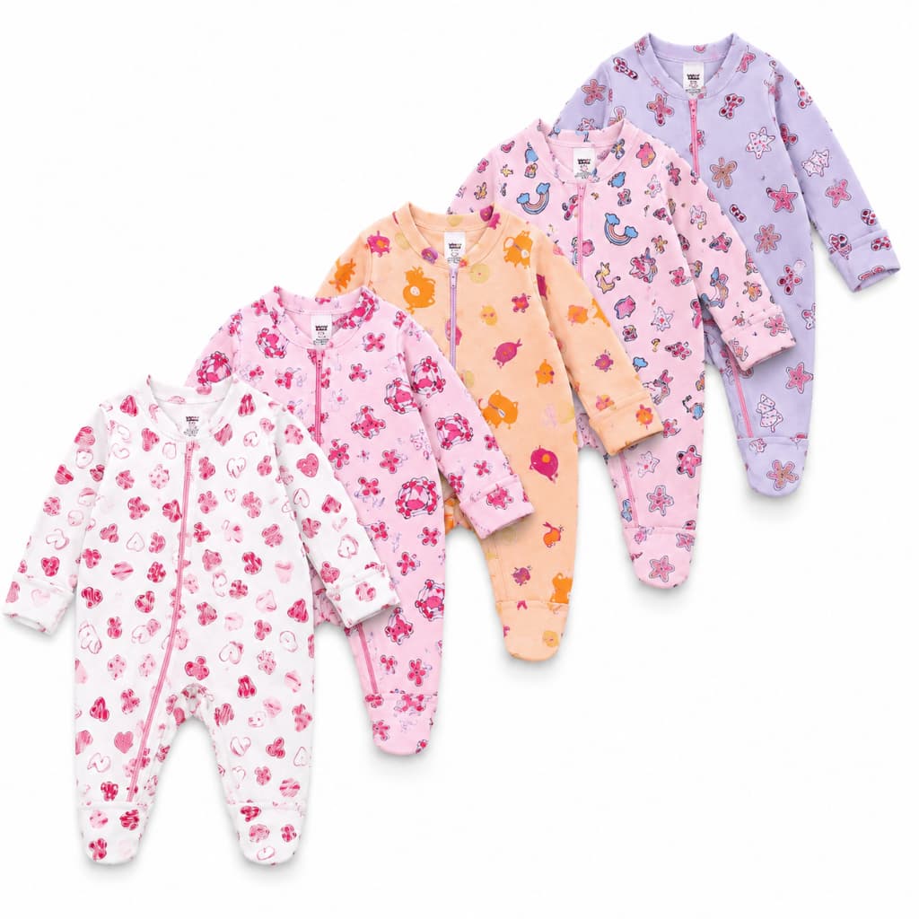 Kit 5 Macacão Estampado Ziper Menina Bebê Algodão Vira Pé Inverno Verao Infantil Macio Macacões