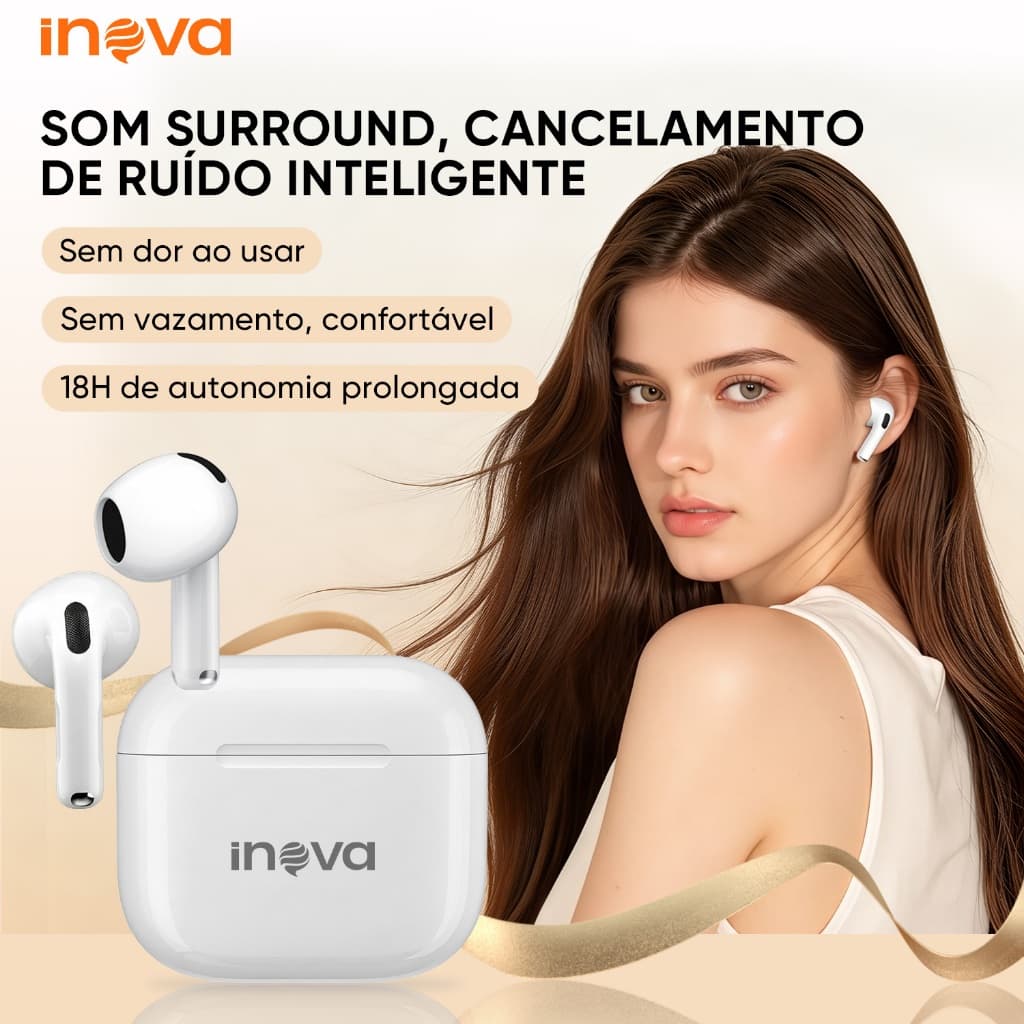 INOVA Fone In-ear Bluetooth 5.4 Cancelamento de Ruído ENC À Prova D’Água Autonomia até 45 Horas
