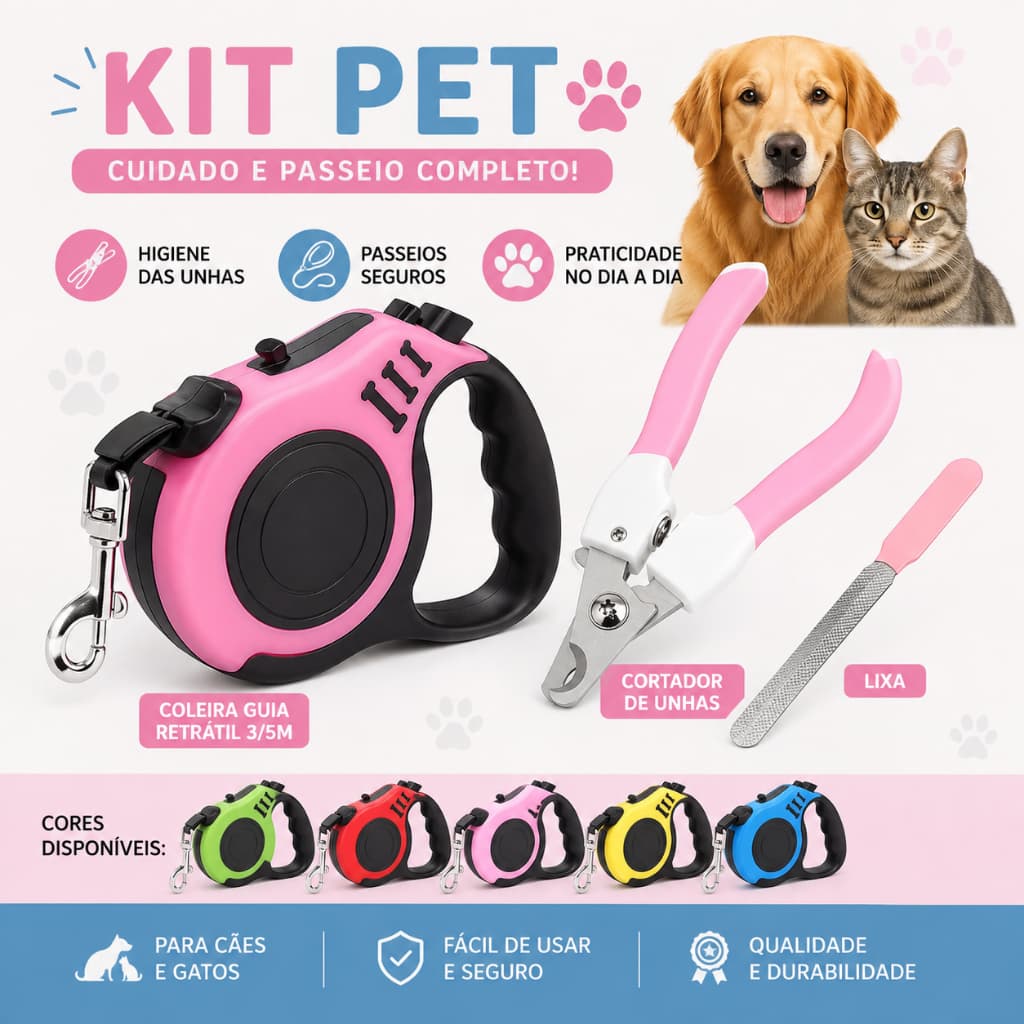 KIT PET COMPLETO GUIA COLEIRA + CORTADOR DE UNHAS + LIXA | HIGIENE, CUIDADOS E PASSEIO PARA CÃES E GATOS