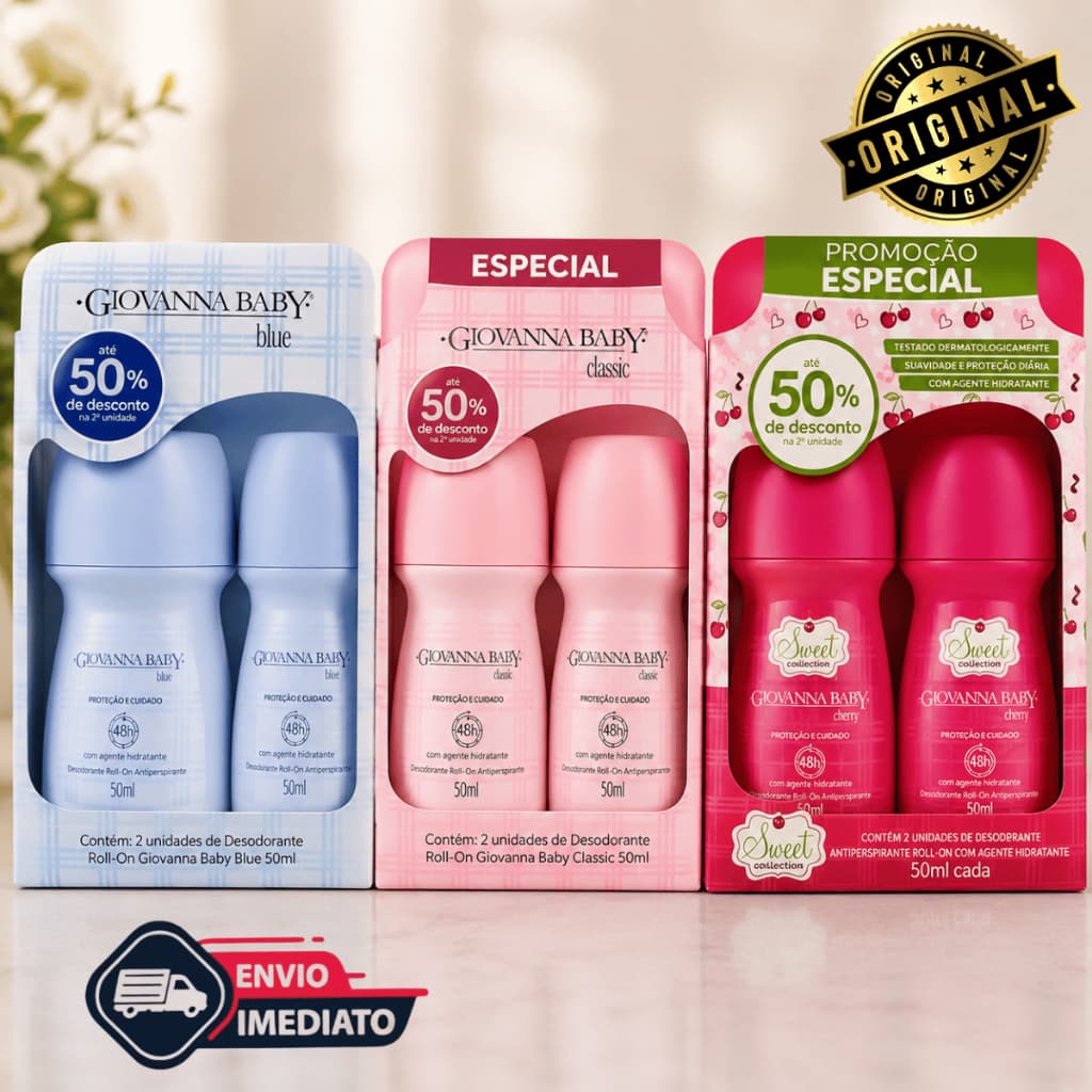 Kit 2 Desodorantes Roll-on Giovanna Baby 50ml Classic Blue Cherry Proteção 48h Hidratante