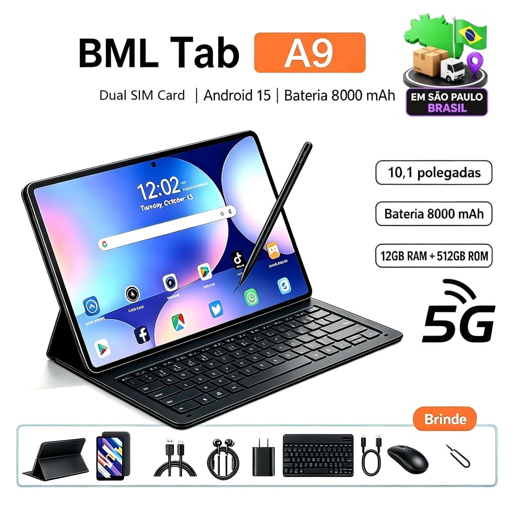 Tablet TAB A9 : 12GB RAM 512GB |Android 15 |Tela 10.1" HD |5G  WIFI| Dual SIM Card |Bateria 8000mAh |Teclado e Mouse Grá