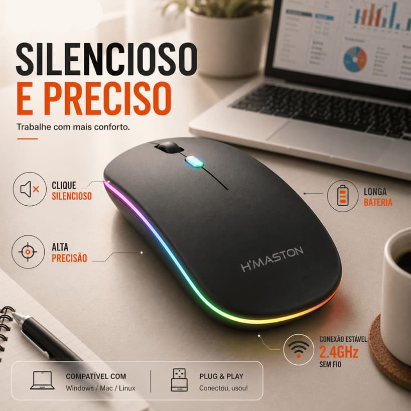Mouse Sem Fio Bluetooth RGB Recarregável LED Retroiluminado Cliques Silenciosos Compatível com Notebook H'Maston